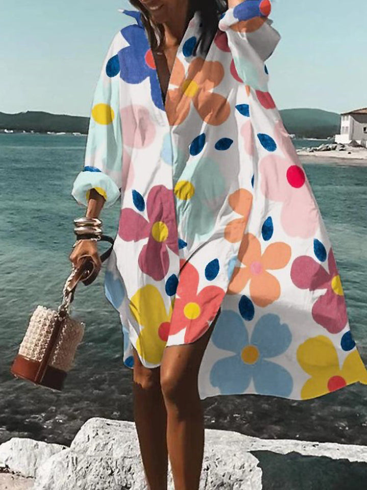 Everyday women's midi shirt dress with short sleeves. Button-down, relaxed fit, perfect for casual summer fashion.