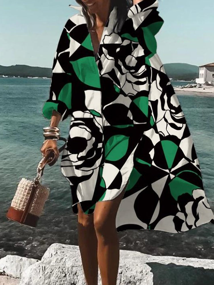 Women's summer button-down midi shirt dress. Short sleeve, relaxed fit, versatile casual everyday wear.
