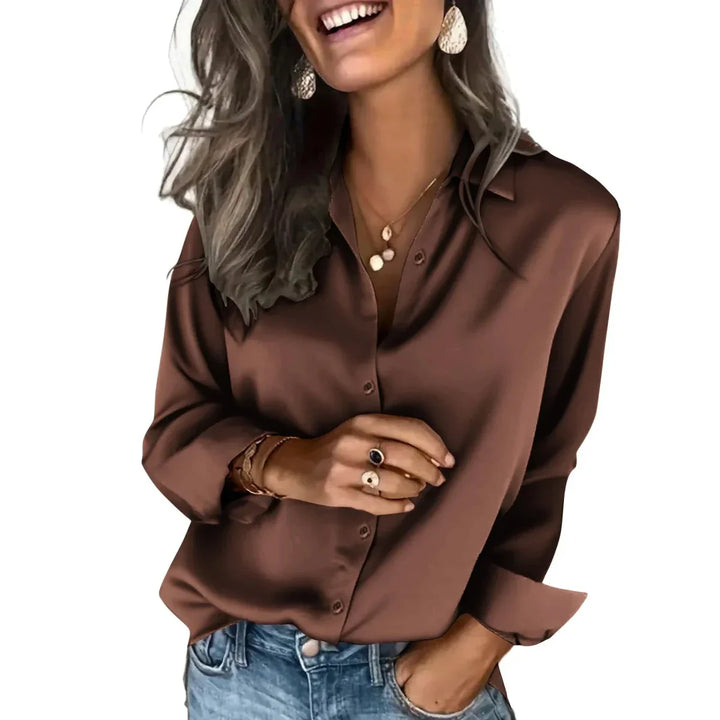 Soft women's relaxed fit button-down shirt, a timeless blouse perfect for creating chic, effortless outfits.