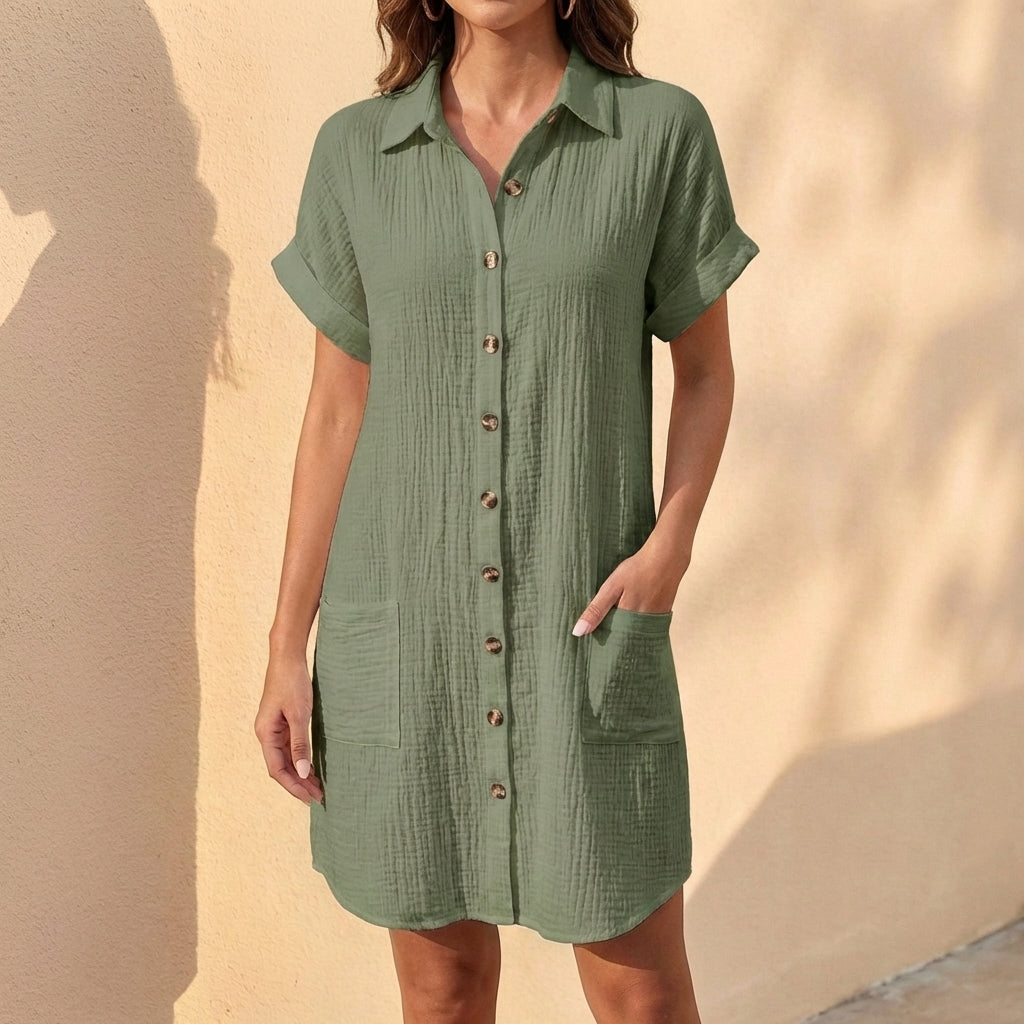 Women's relaxed fit button front midi shirt dress with cuffed sleeves, perfect for casual summer daily wear.