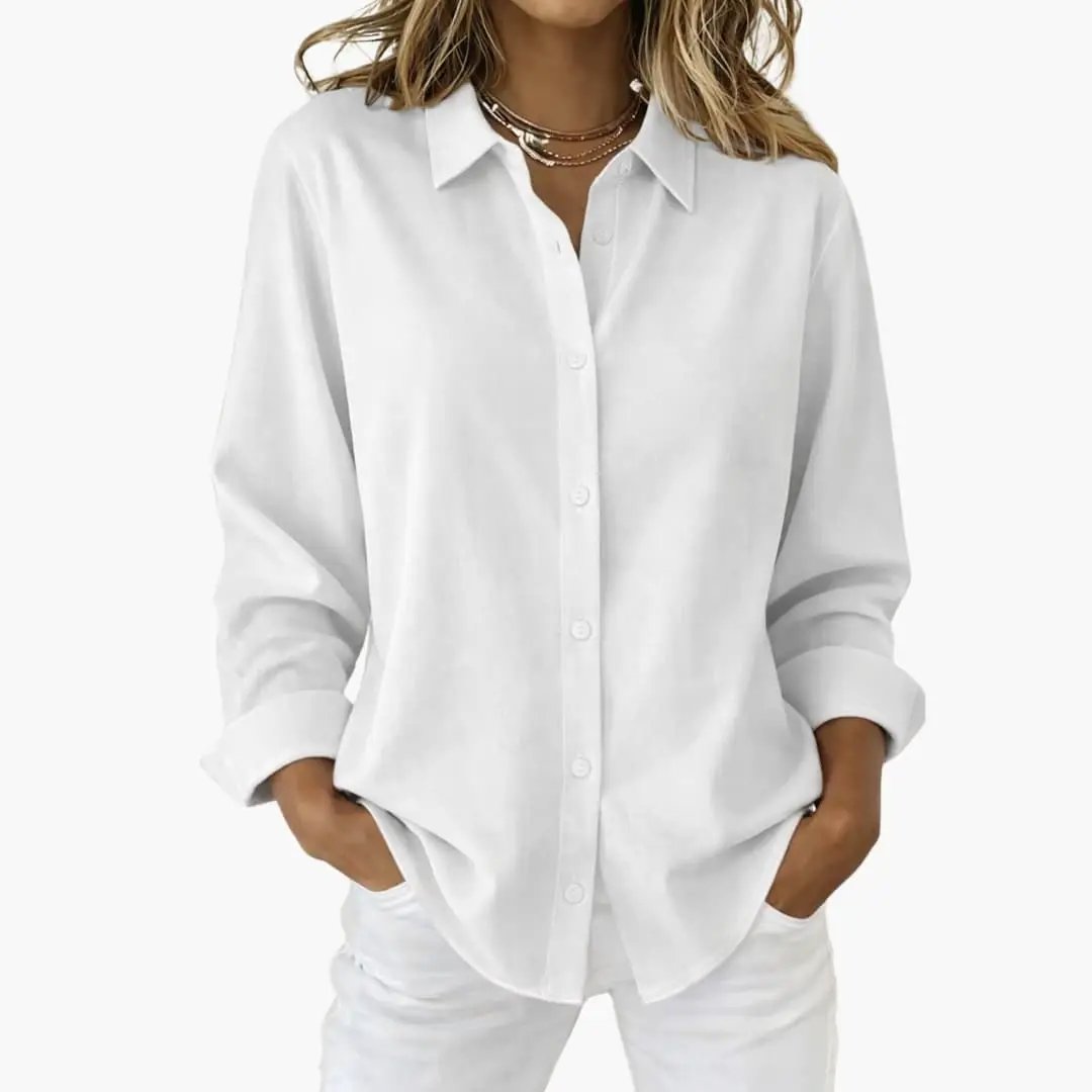 Women's relaxed fit button-up long sleeve shirt for casual everyday wear.