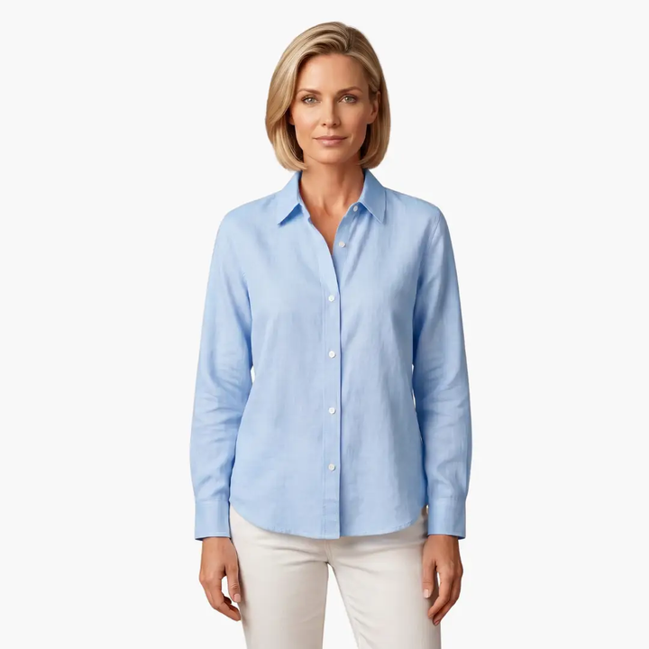 Fashion-forward women's long sleeve button-up blouse, relaxed and versatile.