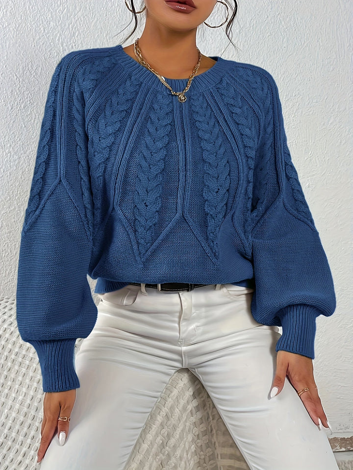 Fashionable women's pullover, cozy cable knit, relaxed fit, and elegant lantern sleeves.