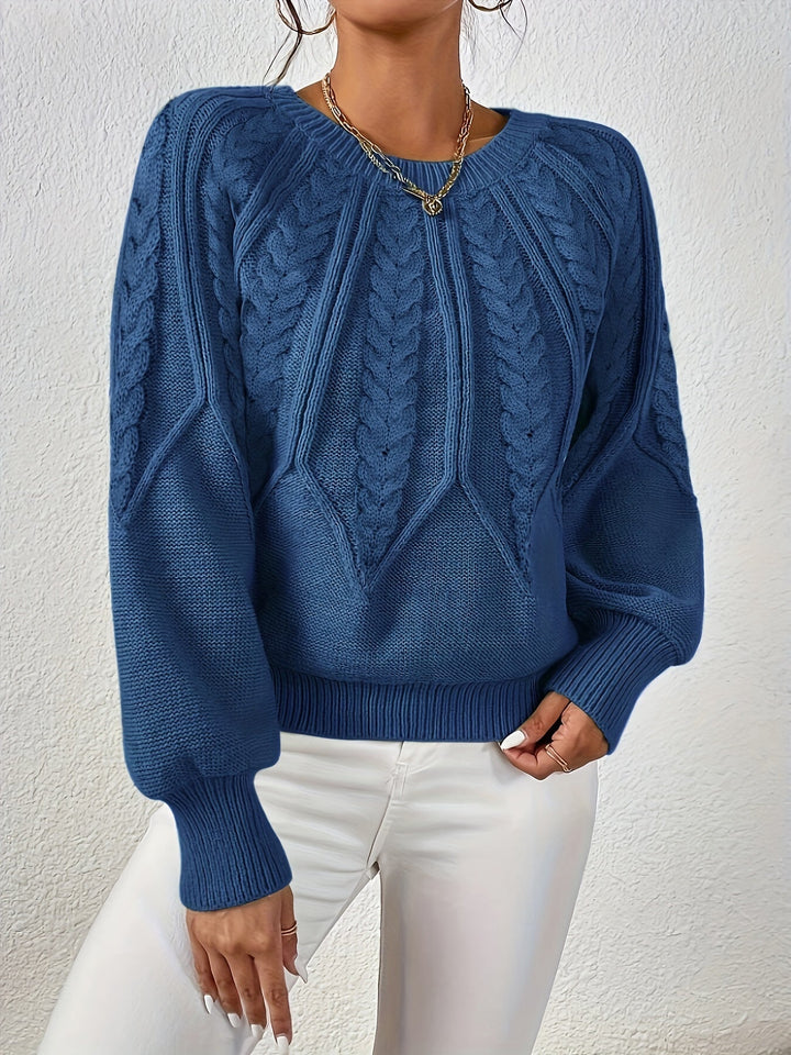 Women's comfortable cable knit sweater, relaxed fit, long lantern sleeves for warmth.