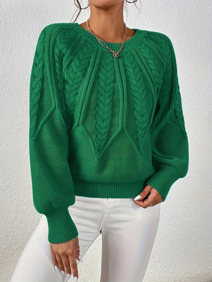 Women's winter fashion cable knit sweater, relaxed fit, and graceful lantern sleeves.