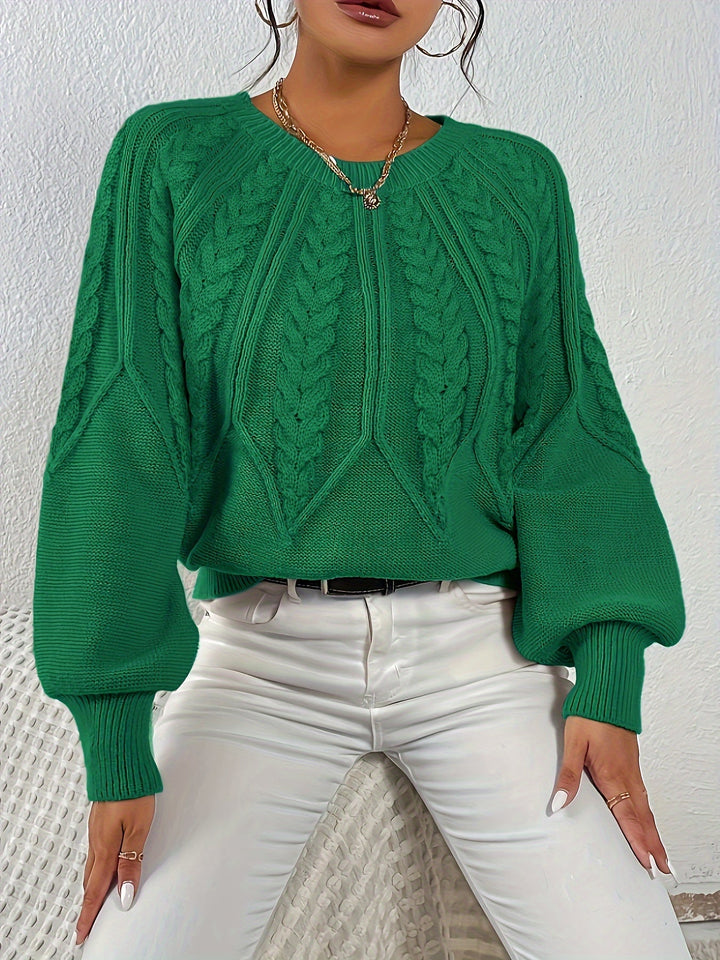 Cozy women's long sleeve sweater, relaxed fit, cable knit texture, and lantern sleeves.