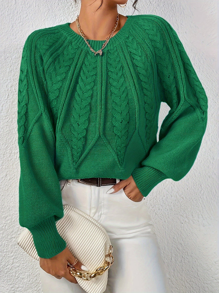 Women's everyday relaxed fit cable knit pullover, featuring elegant lantern sleeves.