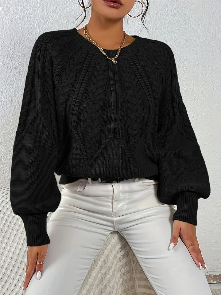 Women's casual relaxed fit sweater, soft cable knit texture and unique lantern sleeves.