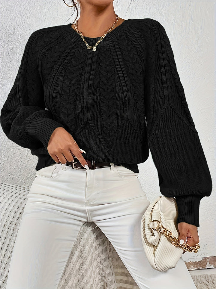 Women's pullover cable knit sweater, relaxed silhouette, and charming lantern sleeves.