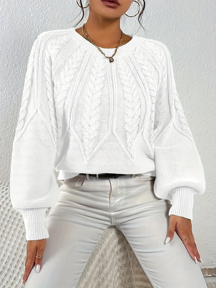 Women's relaxed fit cable knit pullover, perfect for fall layering, with lantern sleeves.