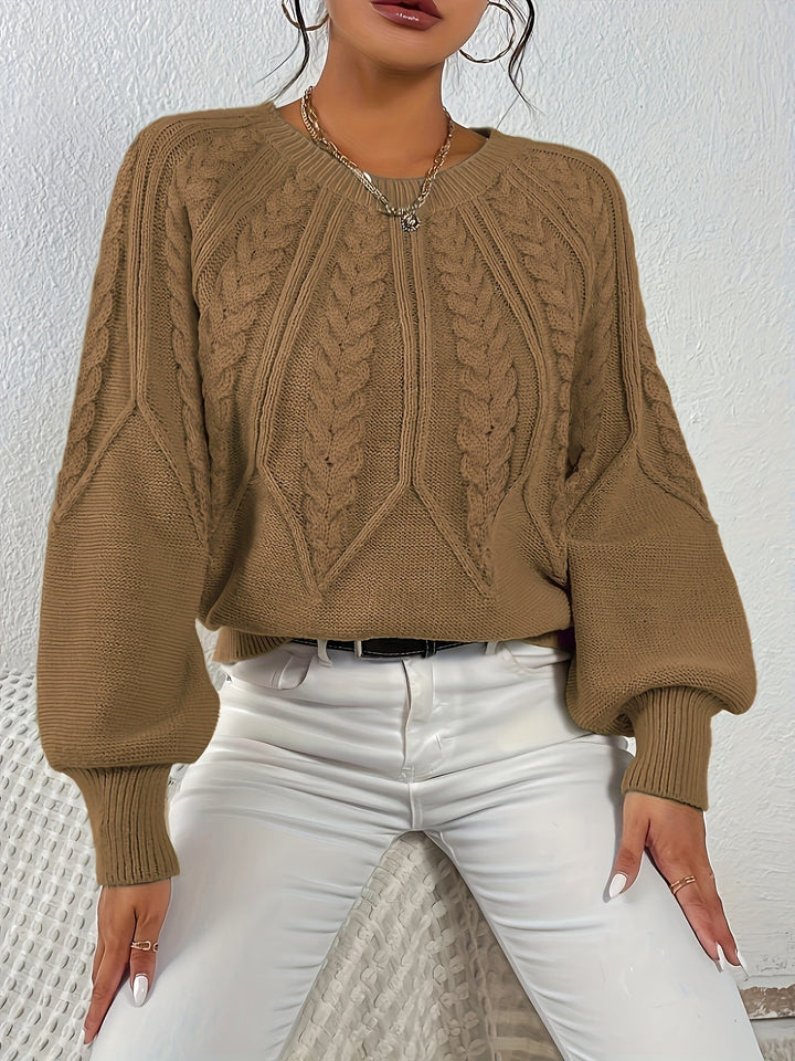 Women's comfortable long sleeve sweater, relaxed fit, cable knit, and fashionable lantern sleeves.