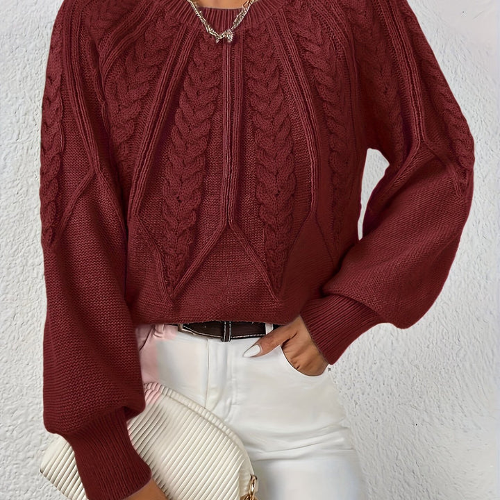 Women's elegant relaxed fit sweater, warm cable knit, and stylish lantern sleeves.