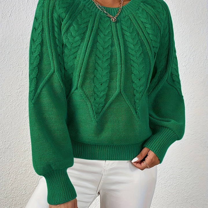 Women's everyday relaxed fit sweater, cable knit design, and fashionable lantern sleeves.