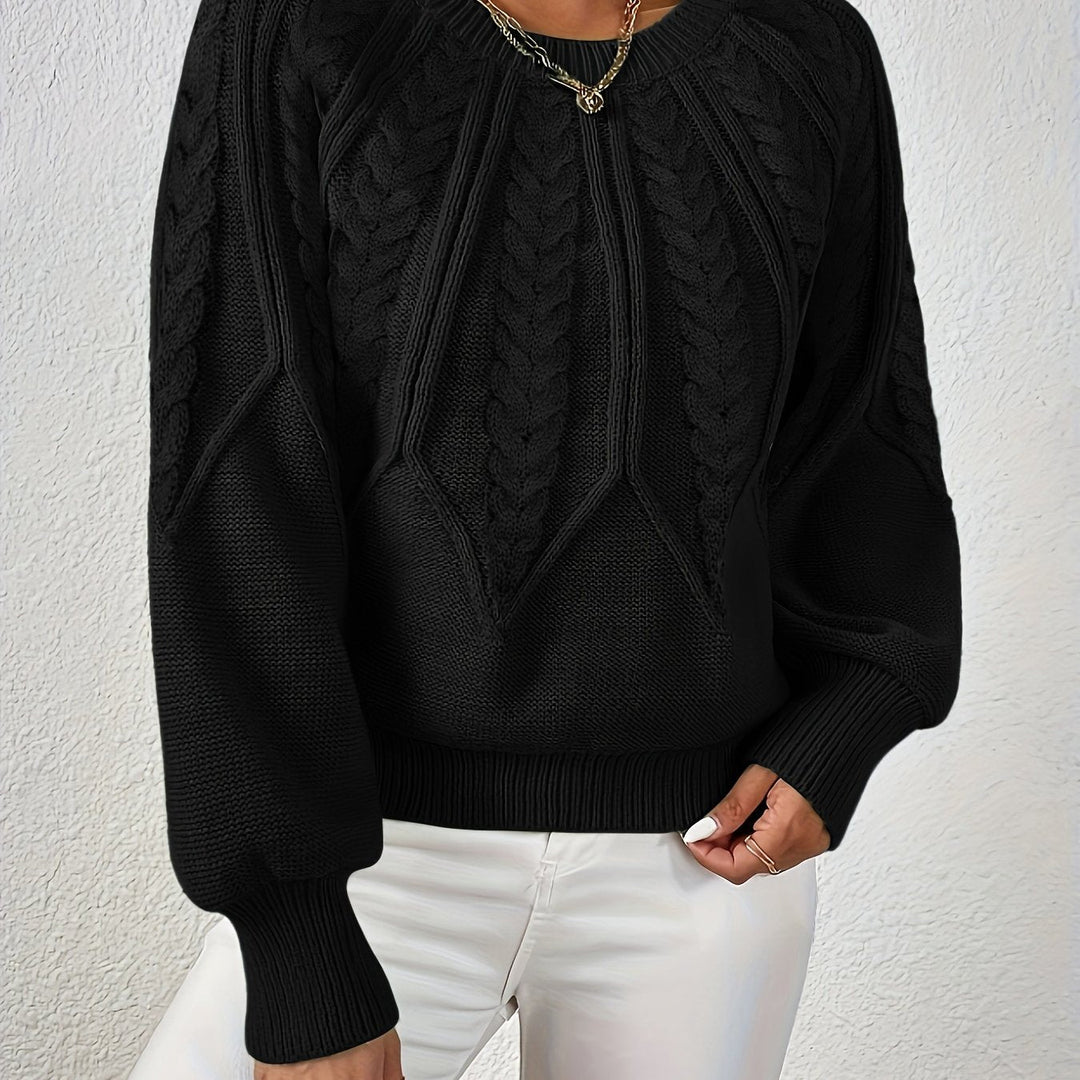 Women's long sleeve cable knit top, relaxed fit for comfort, featuring lantern sleeves.