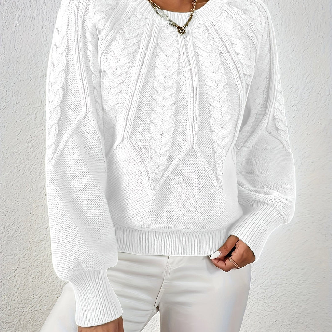 Women's relaxed fit cable knit sweater, perfect for casual style, with elegant lantern sleeves.