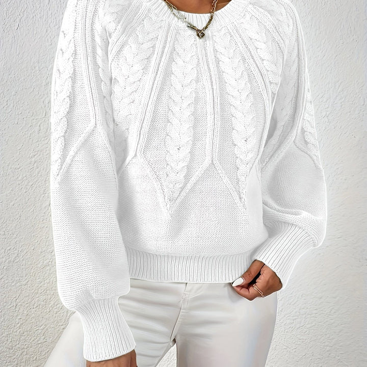 Women's relaxed fit cable knit sweater, perfect for casual style, with elegant lantern sleeves.