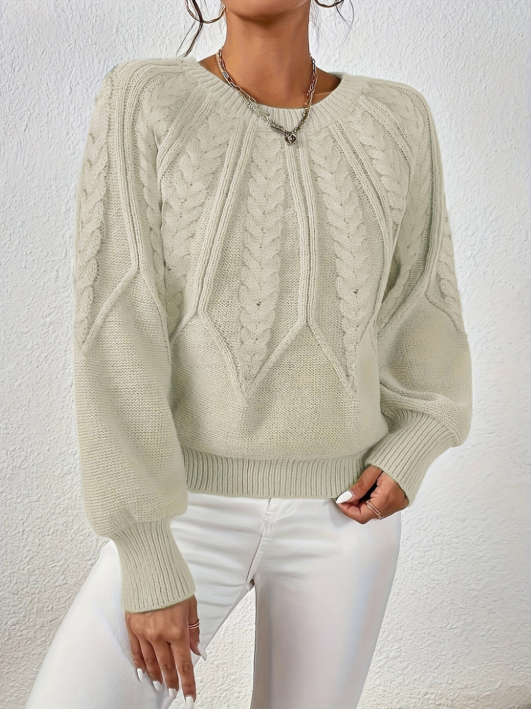 Women's casual cable knit sweater, soft texture, relaxed fit, and elegant lantern sleeves.