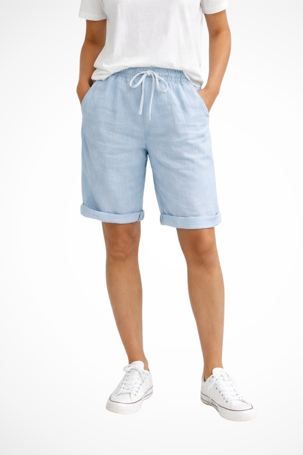 Close-up of women's comfortable relaxed fit capri shorts featuring an adjustable drawstring waist.