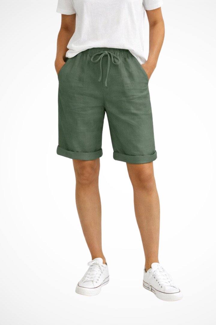 Back view of women's relaxed fit capri shorts, ideal for comfortable summer casual bottoms & everyday style.