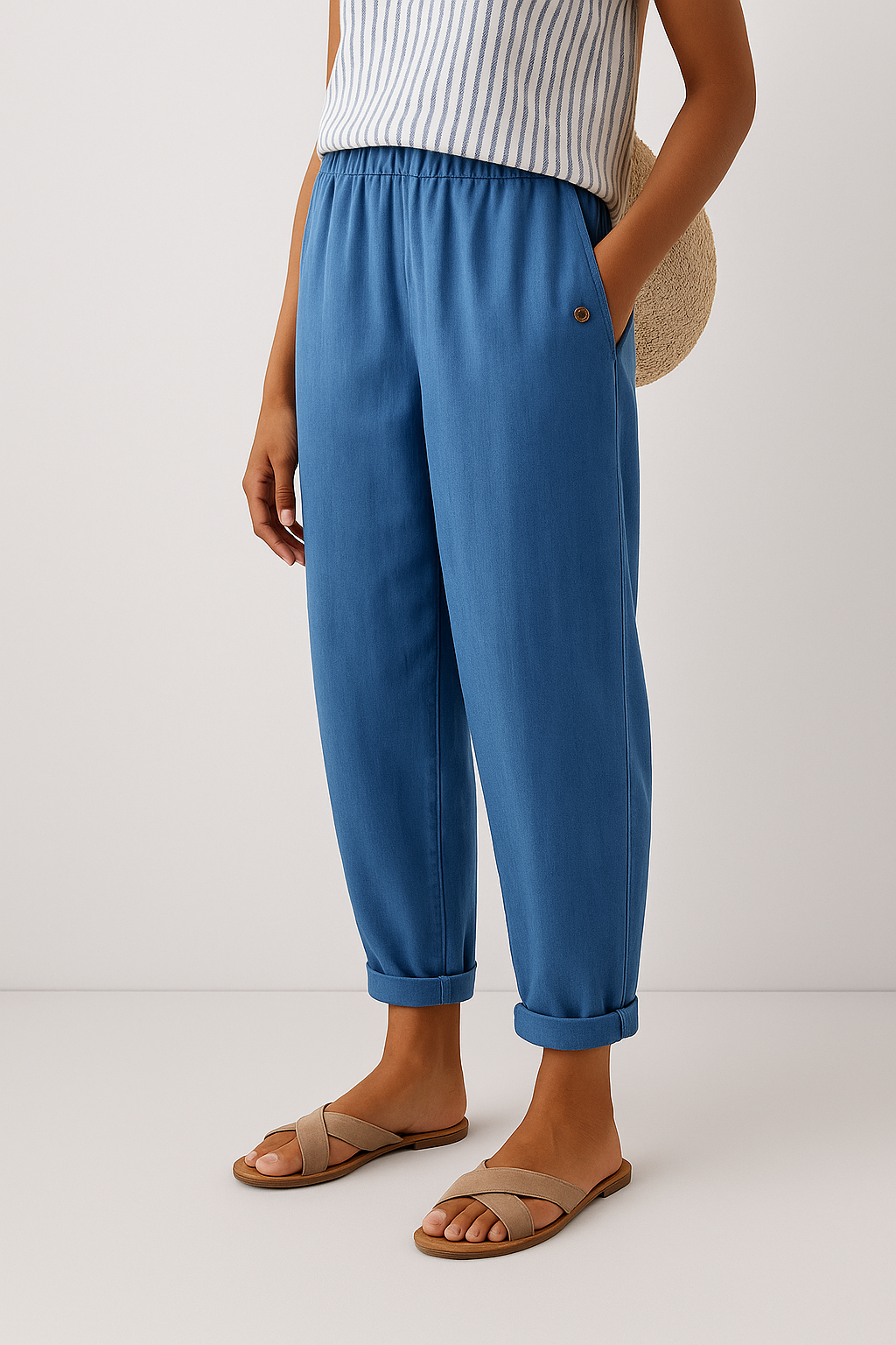 Stylish women's relaxed fit tapered ankle pants, offering a comfortable and versatile casual look.