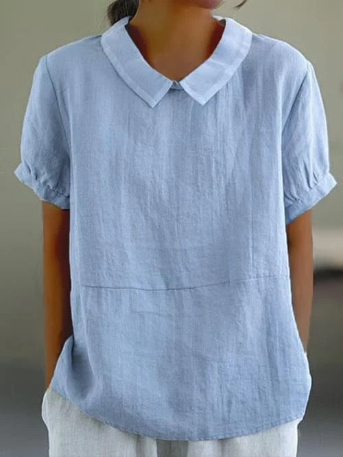 Women's relaxed fit casual blouse with Peter Pan collar, ideal for everyday summer fashion.