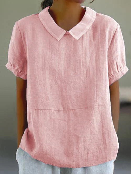 Short sleeve Peter Pan collar blouse for women, relaxed fit & vintage style, perfect for casual wear.