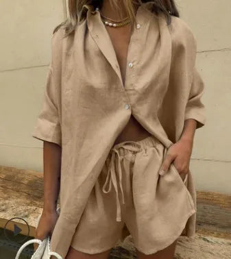 Comfy women's button-up shorts set with elastic waist. Relaxed fit two-piece for casual summer wear & vacation.