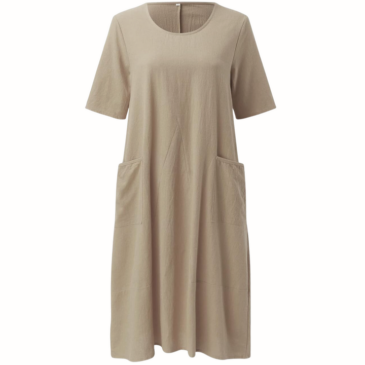 Beige women's casual dress, relaxed fit. Perfect comfortable everyday style for spring & summer.