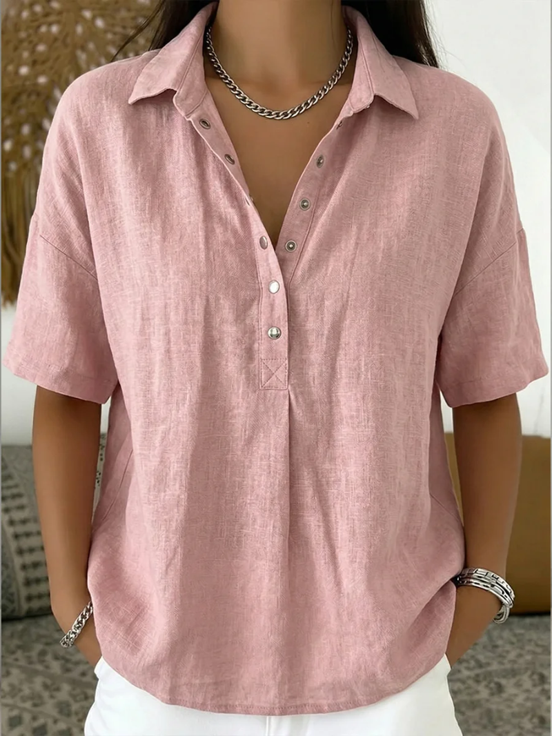 Versatile women's relaxed fit collar shirt, button-down front, short sleeve design. An essential casual top for women.
