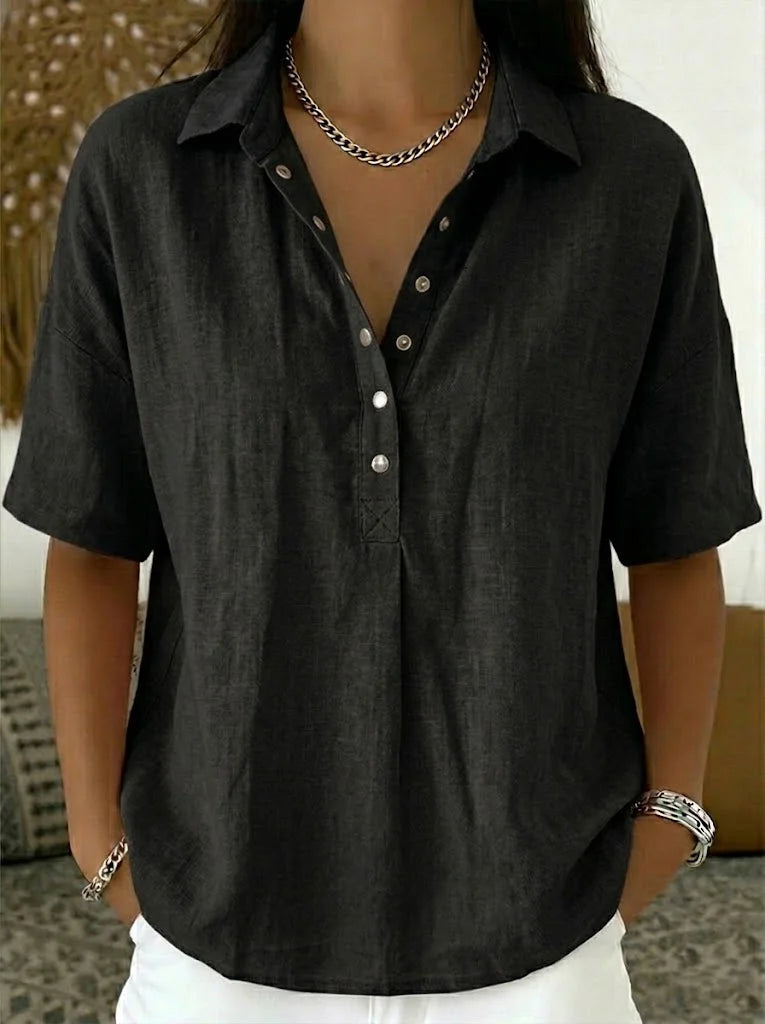 Comfortable women's relaxed fit collar shirt with button accents, short sleeve for spring & summer casual style.