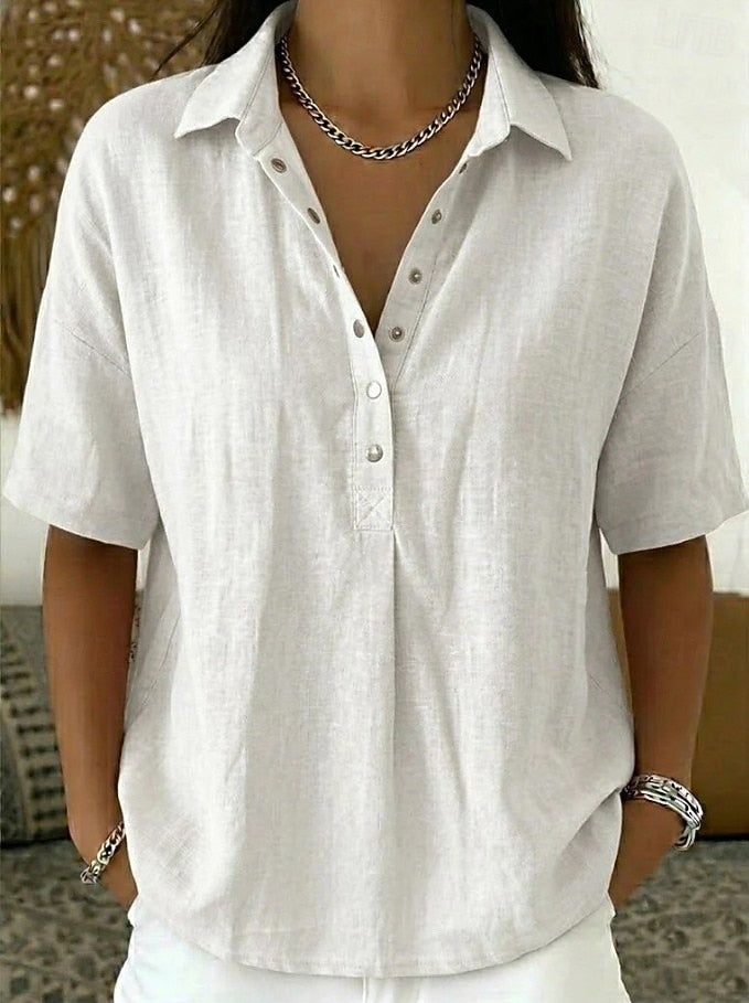 Modern women's relaxed fit button-down top, collar shirt style, short sleeve. Perfect versatile piece for your wardrobe.