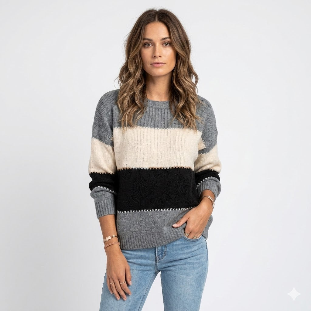 Women's relaxed fit crew neck sweater in soft fabric, perfect for everyday comfort & casual style.