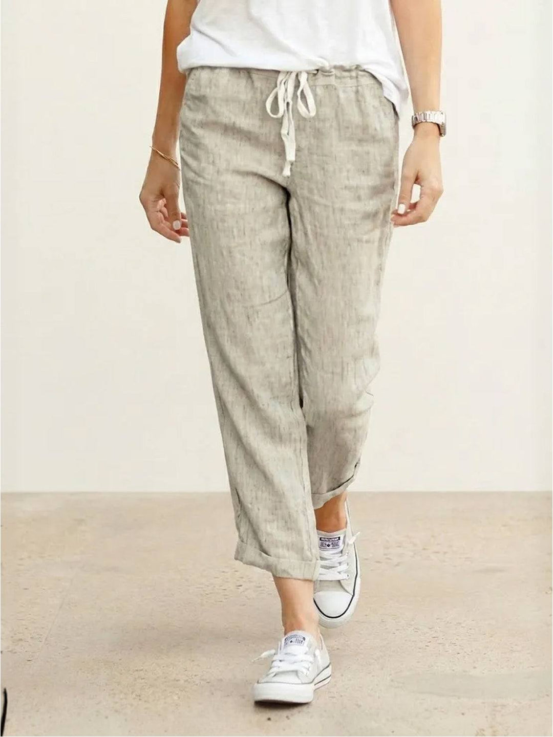 Women's relaxed fit cuffed pants with elastic waist, perfect for casual summer style.