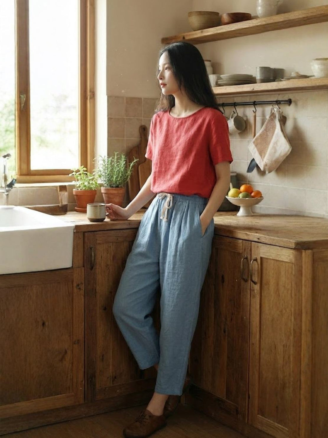Women's drawstring cuffed pants, relaxed fit, great for warm weather and everyday.