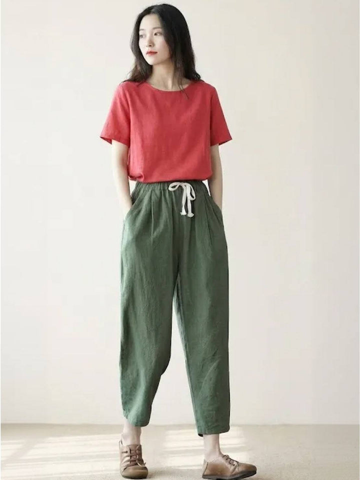 Summer style women's relaxed fit cuffed pants with a comfortable drawstring waist.