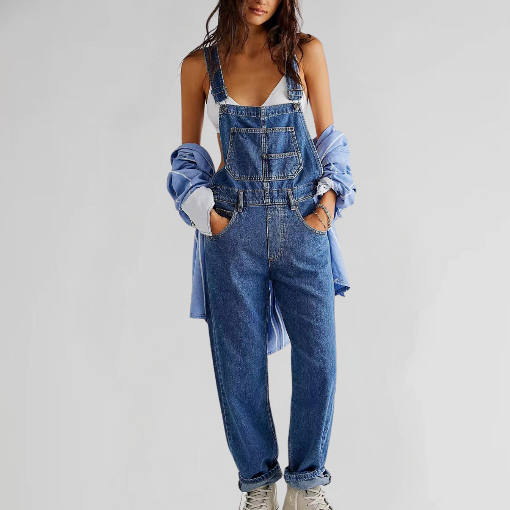 Women's relaxed fit denim overalls with adjustable straps for all-day comfort & casual style.