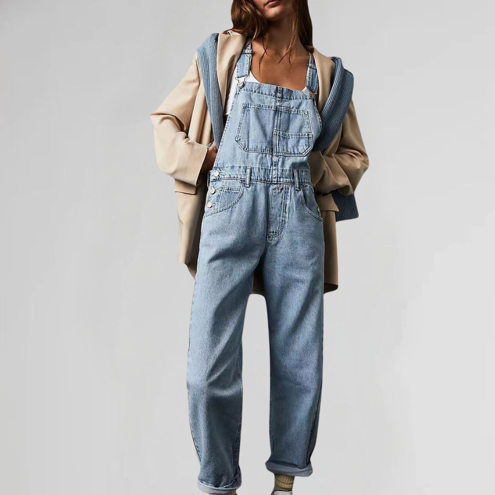 Black women's relaxed fit overalls with adjustable shoulder straps & practical pockets for everyday comfort.