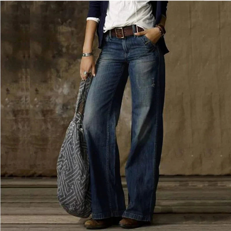 Model wearing women's relaxed fit everyday jeans, showcasing a comfortable, stylish, and versatile casual look.