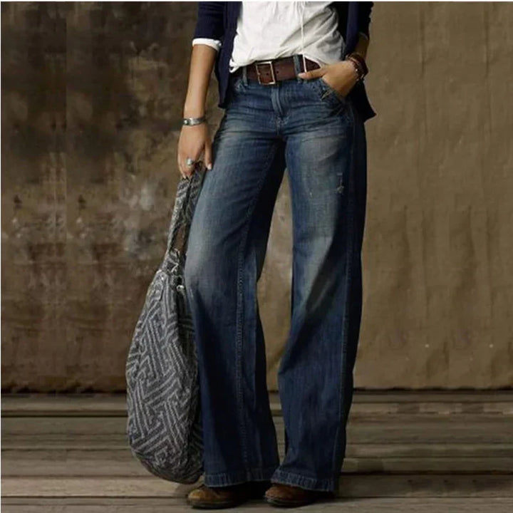Model wearing women's relaxed fit everyday jeans, showcasing a comfortable, stylish, and versatile casual look.