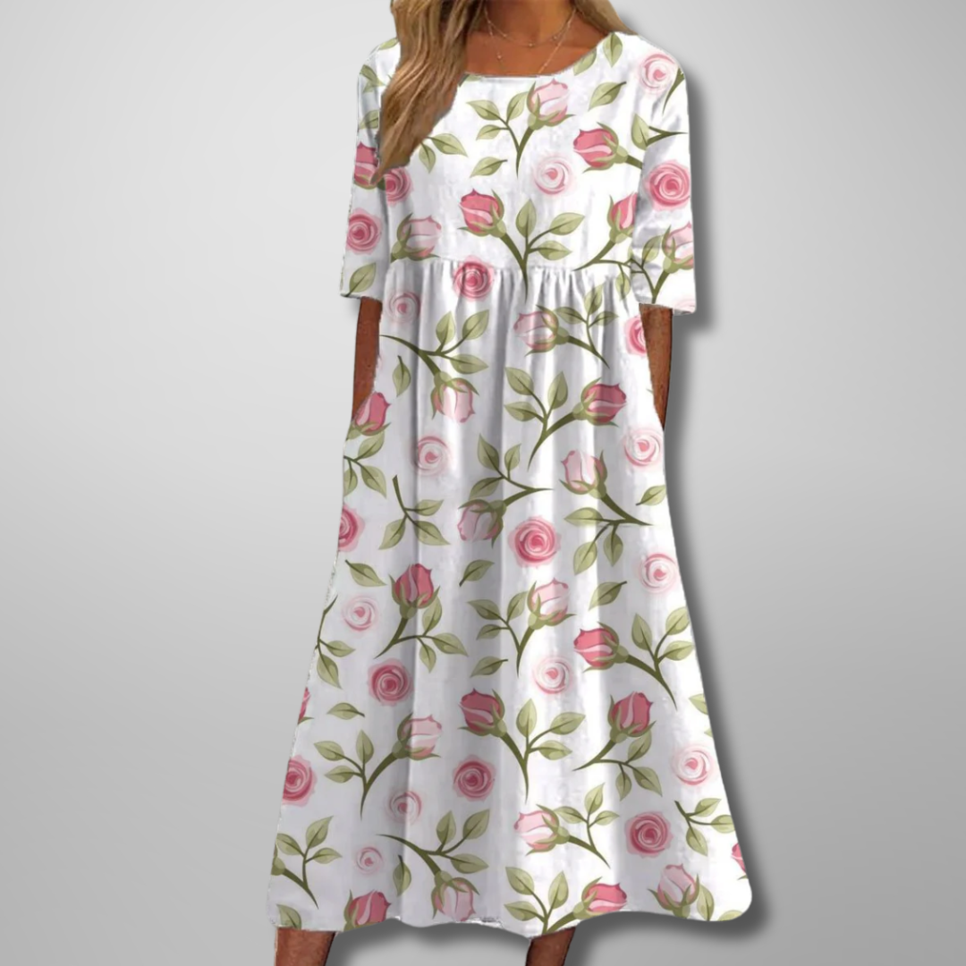 Versatile women's floral midi dress, a comfortable and elegant option for casual everyday wear.