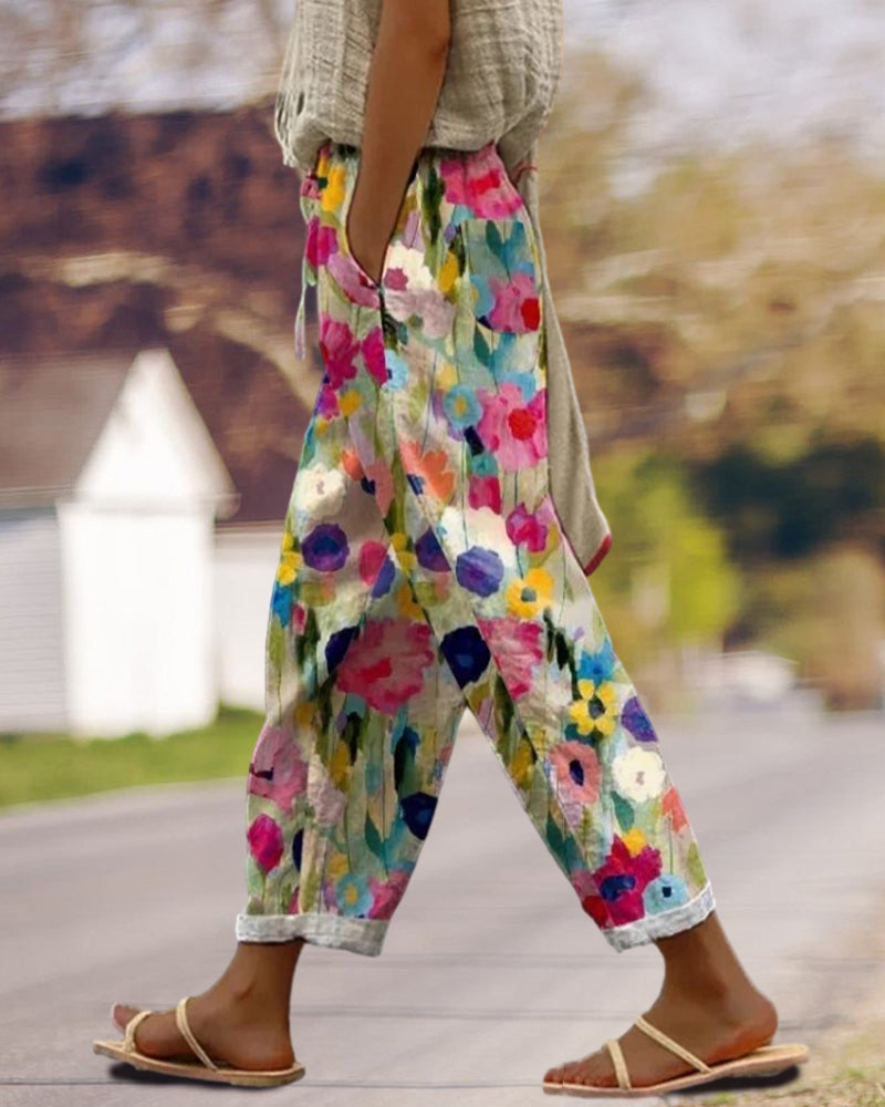 Bohemian floral print trousers for women with a relaxed fit. Ideal comfy pants for summer fashion & vacation outfits.
