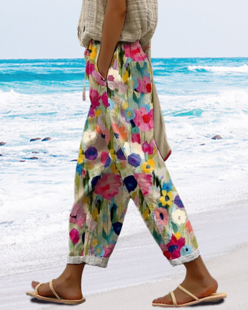 Stylish printed floral trousers for women. Relaxed fit pants, great for casual wear, summer days, or vacation.