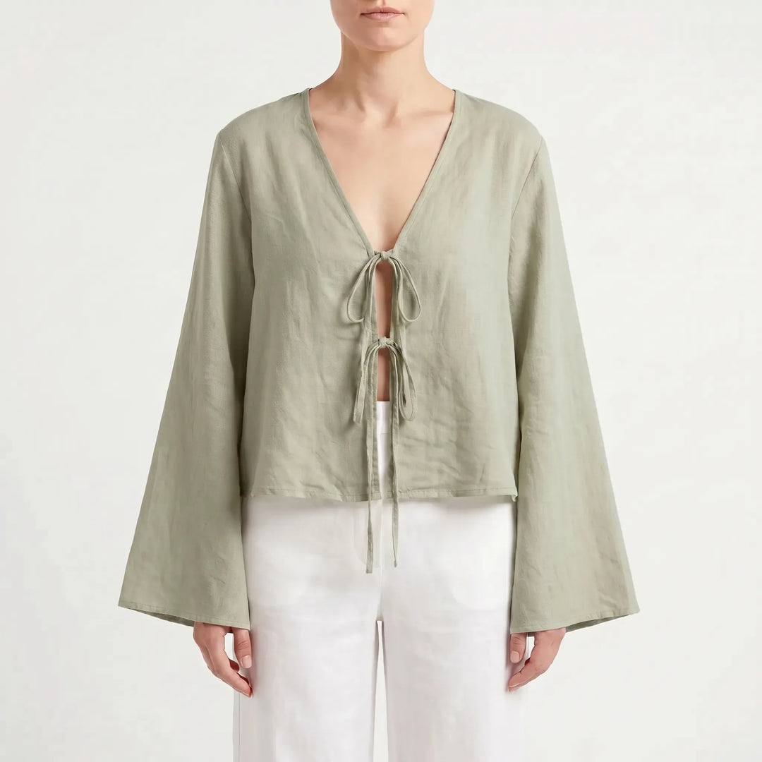 Stylish women's front-tie blouse with V-neck and flared sleeves, perfect for summer casual wear.
