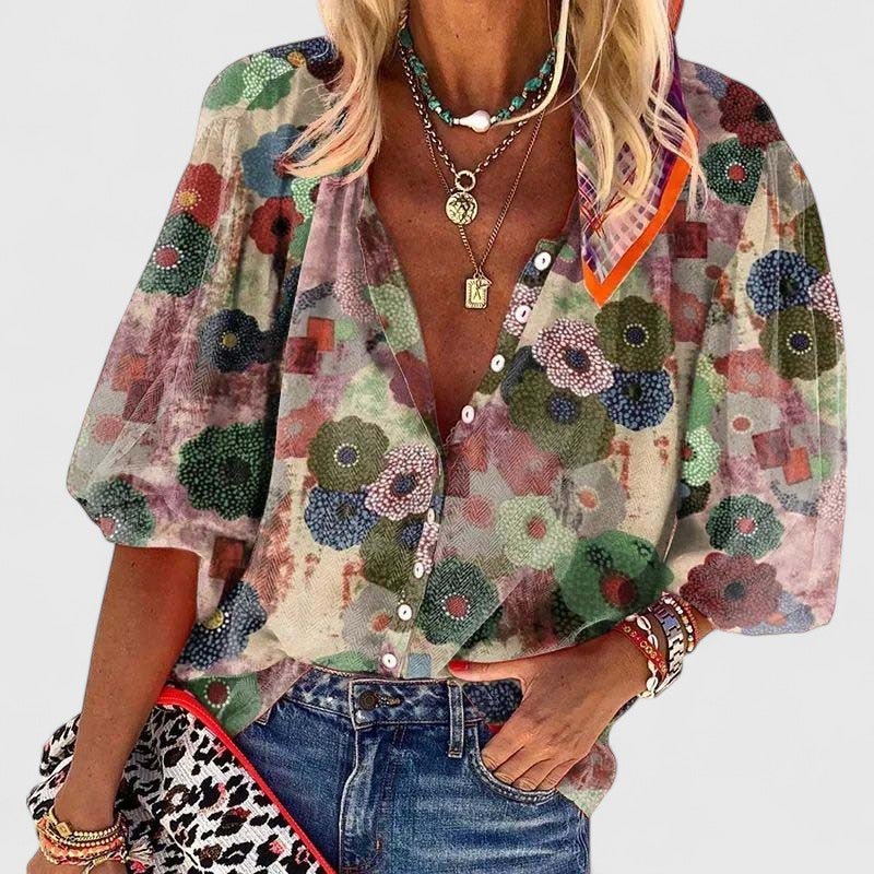 Women's relaxed fit green floral v-neck button-down blouse, perfect for casual summer style and everyday wear.