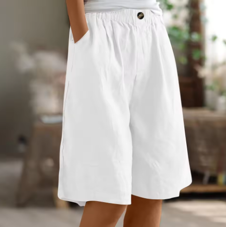 Soft, comfortable women's relaxed fit Bermuda shorts, high-waisted for casual summer fashion. Elastic waist for everyday.
