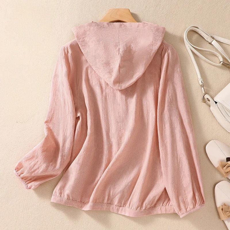 Long sleeve hooded shirt for women, relaxed fit. Ideal light coverage for spring & summer layering.