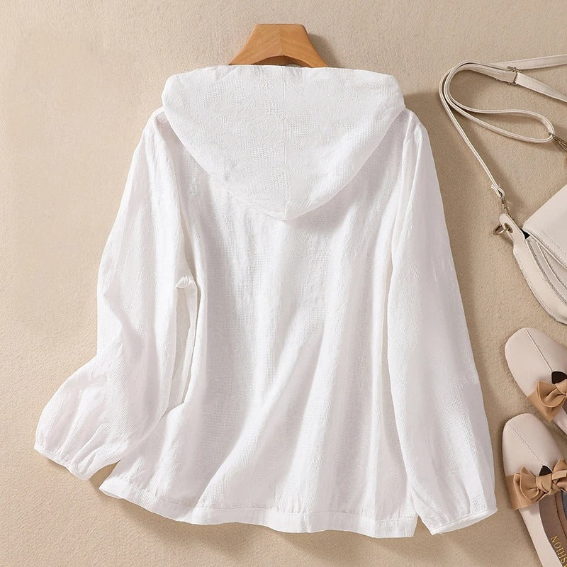 Comfortable women's relaxed fit hooded shirt, great for casual everyday style & layering.