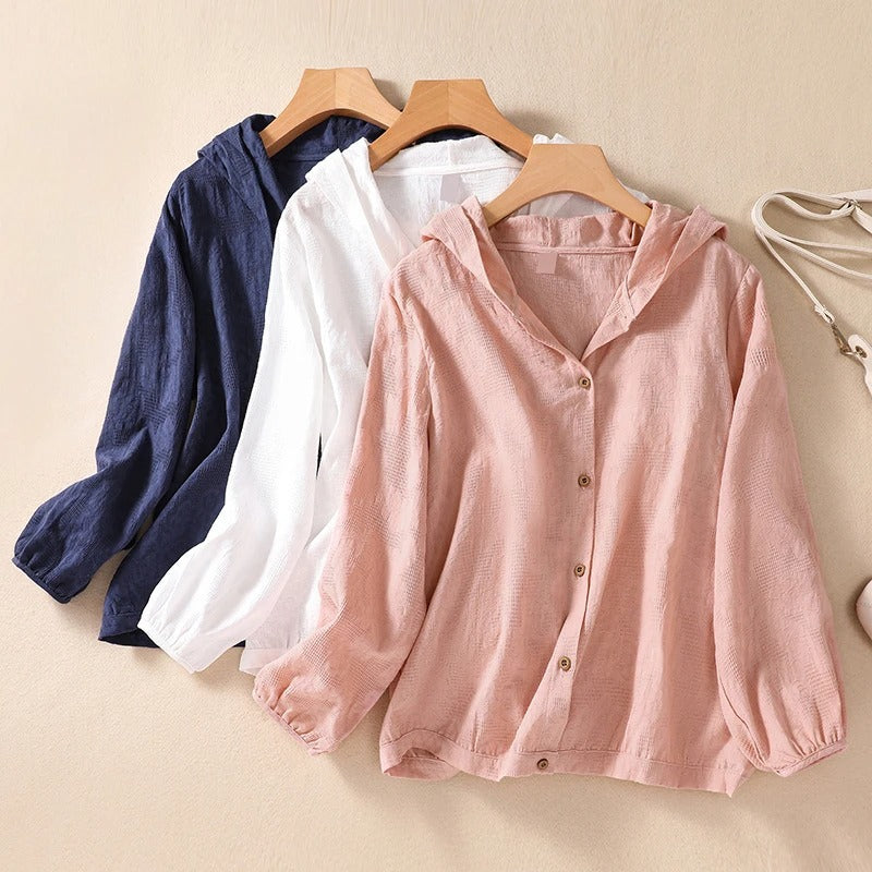 Women's relaxed fit long sleeve hooded shirt, a versatile top for casual outings and comfortable everyday style.