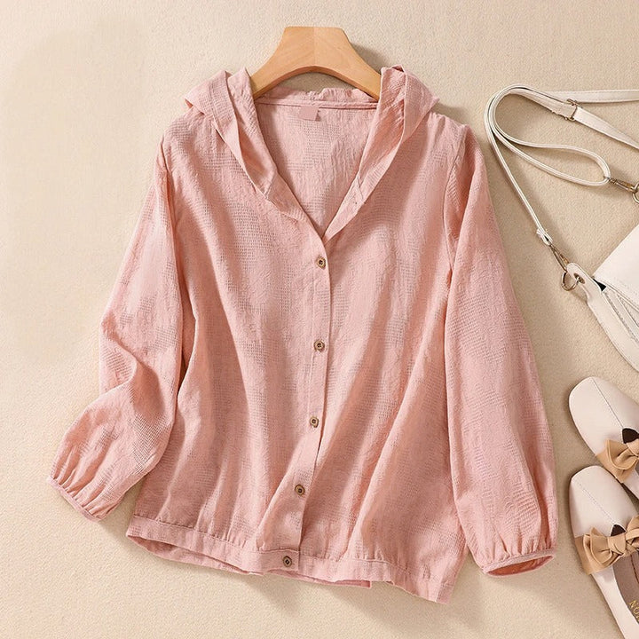 Relaxed fit women's hooded shirt. Comfortable long sleeve top for casual, everyday, spring & summer fashion.
