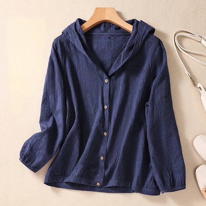 Effortless women's relaxed fit hooded shirt. Light, comfortable long sleeve for summer & spring layering.
